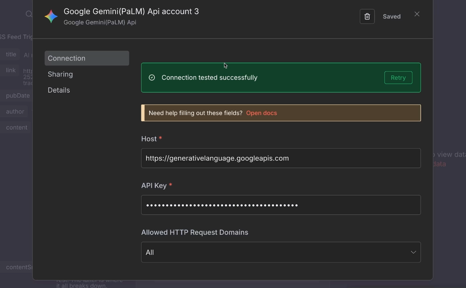 Creating a new Gemini credential with an API key
