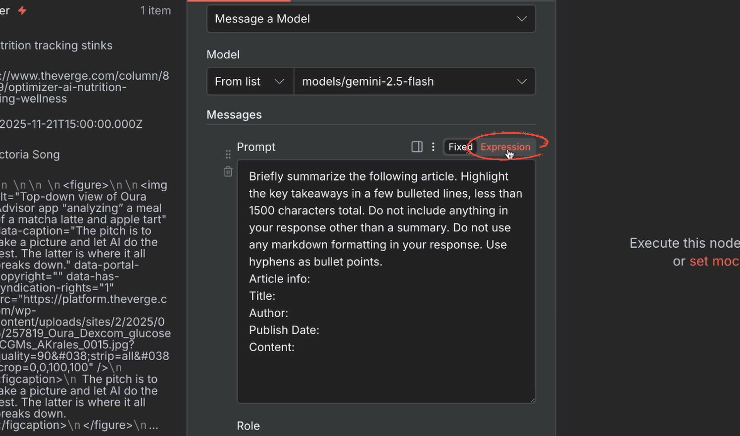 Switching a text field in n8n to "expression" to enable JavaScript expressions