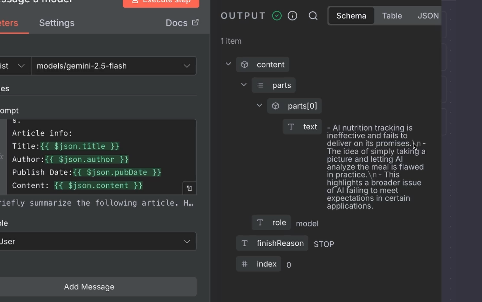 Testing a Gemini prompt in n8n