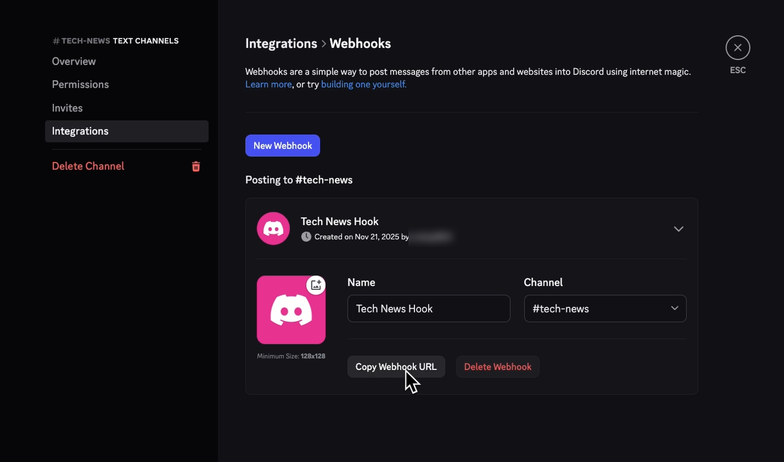 Creating a webhook in Discord