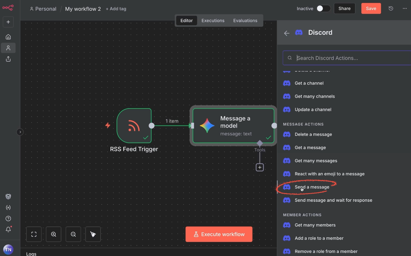 Adding a Discord action to an n8n workflow