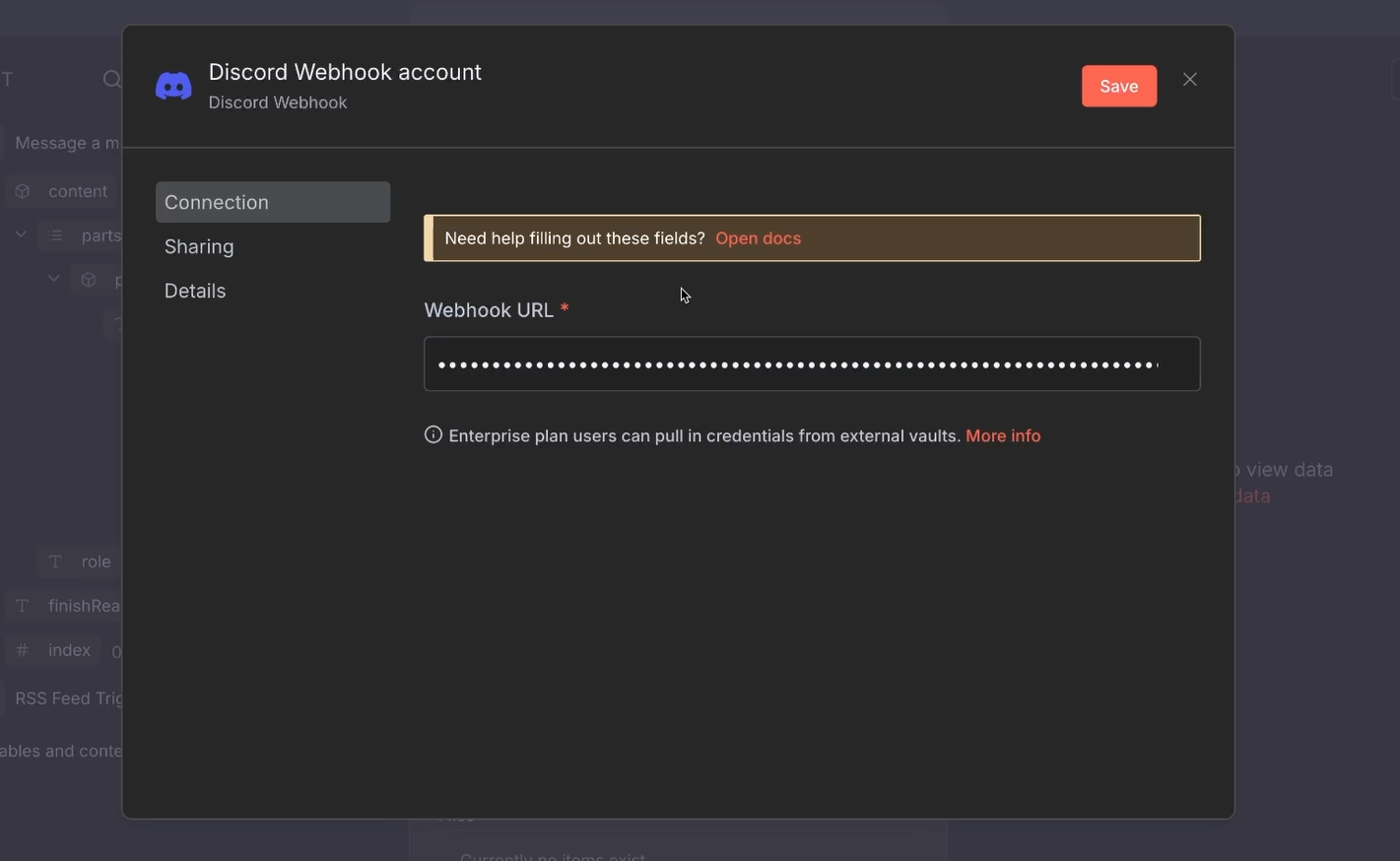 Creating a Discord credential in n8n with a Webhook URL