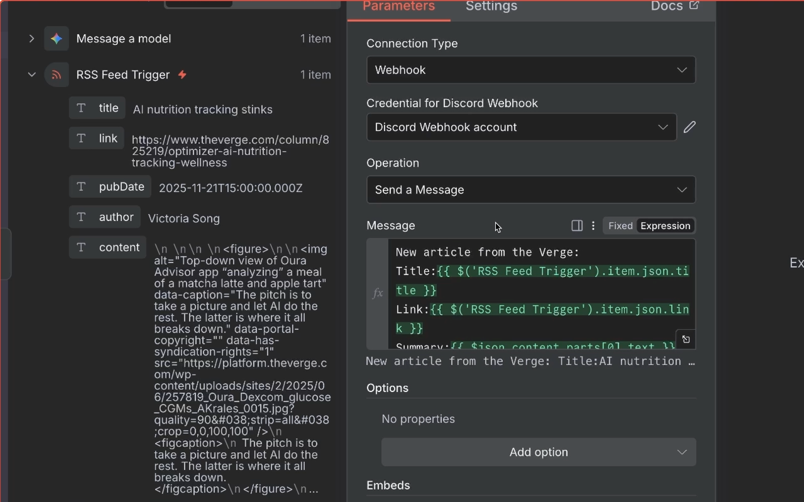 Configuring a Discord message in n8n