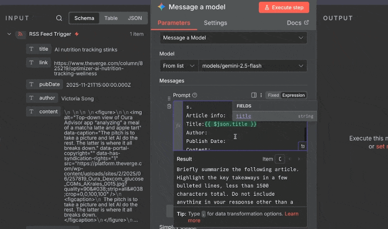 Adding dynamic data to an action in n8n