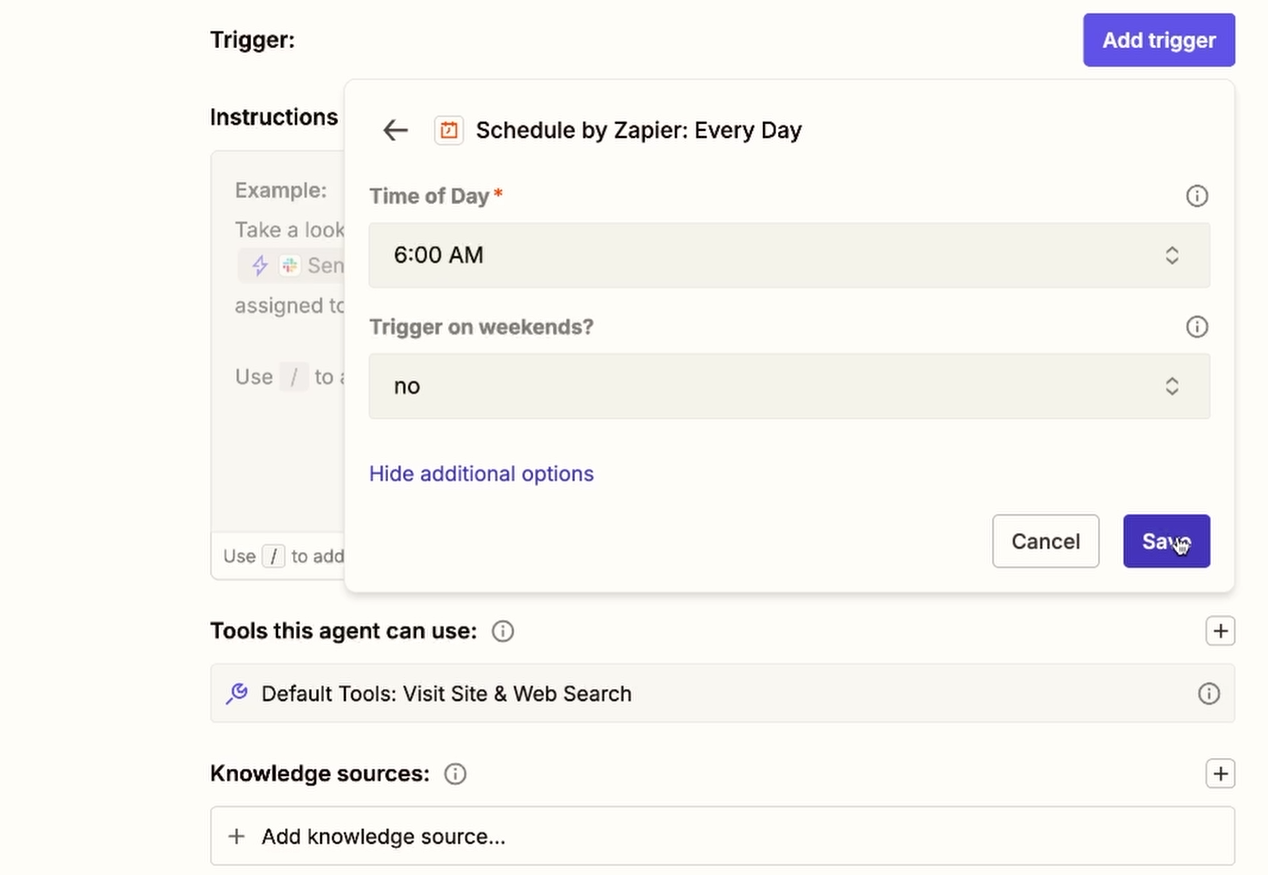 Using a "Schedule" trigger in a Zapier AI agent