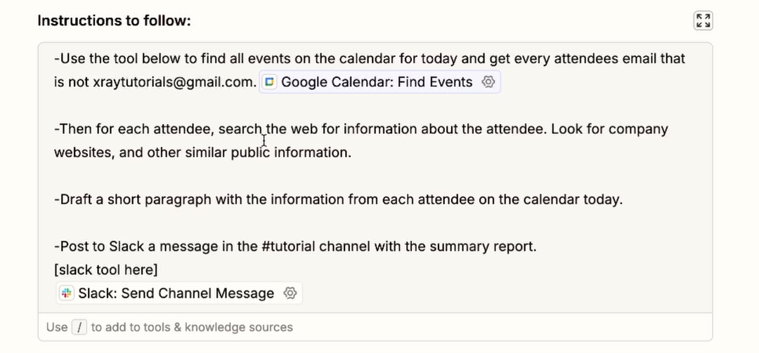A Zapier AI agent's prompt to research Calendar guests and share findings in Slack