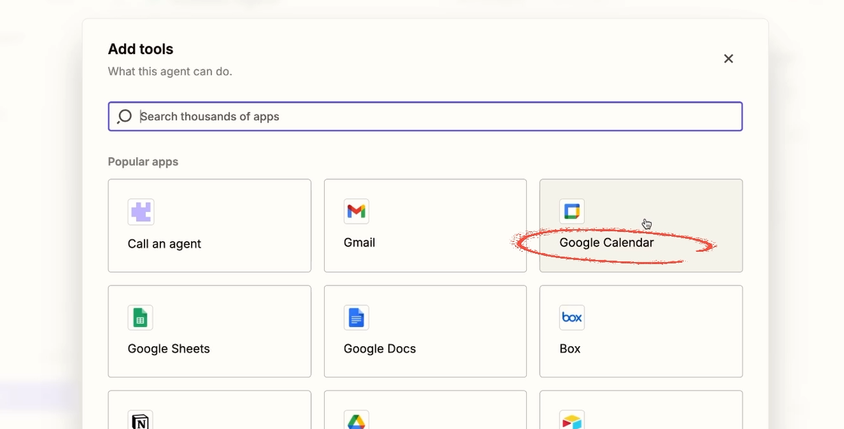 Adding Google Calendar as a tool in a Zapier AI agent