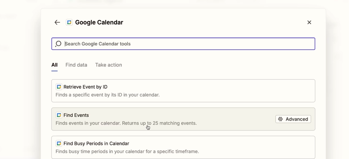 Enabling the 'Find events' action in the Google Calendar tool