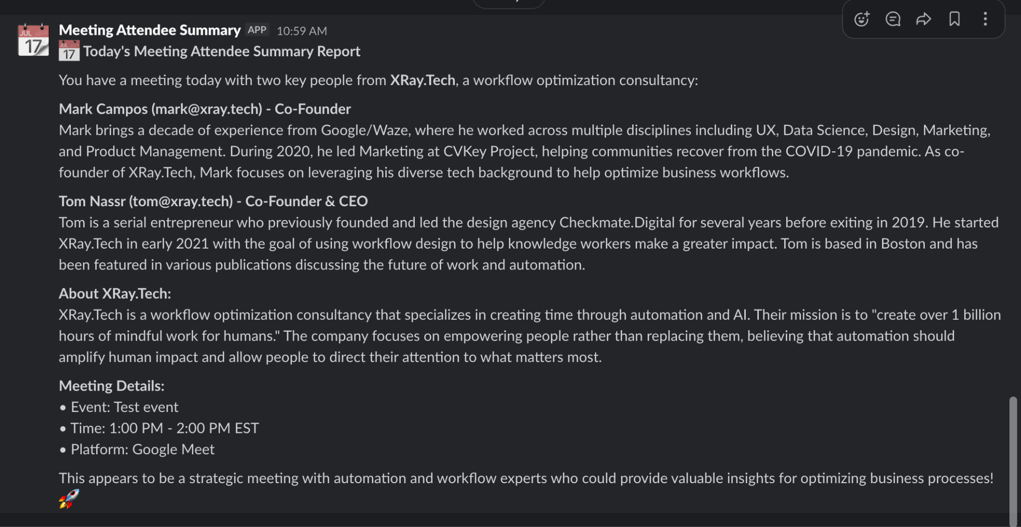 The slack message sent by the AI agent during the test