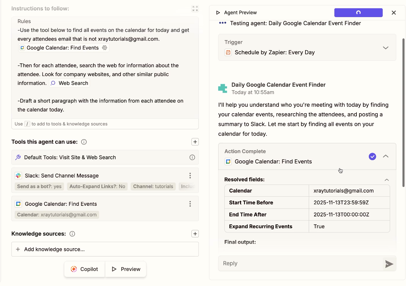 The AI agent reports its progress as the test runs