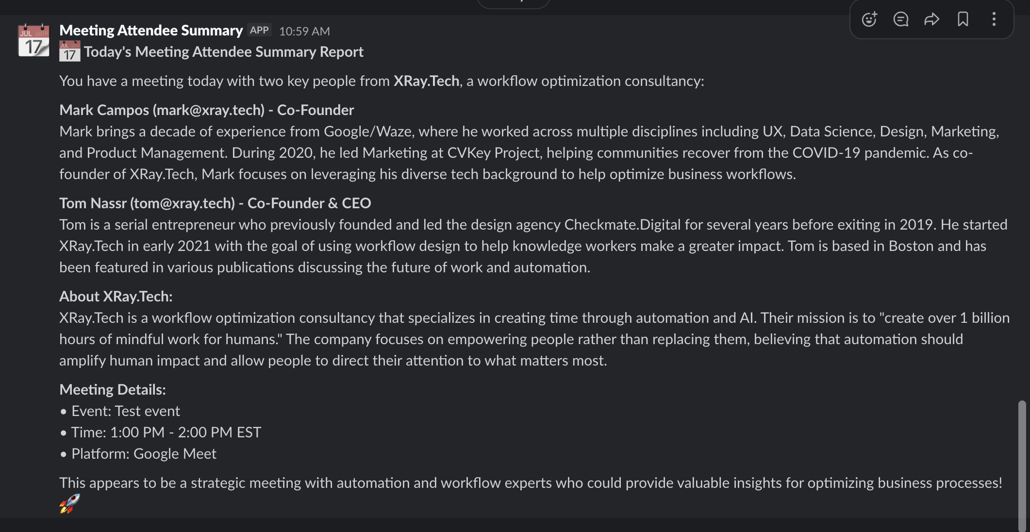 The Slack message sent by our AI Agent