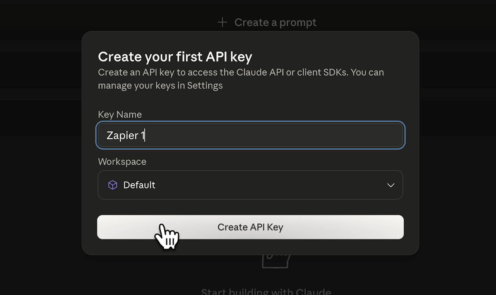 Naming a new API key and selecting a workspace