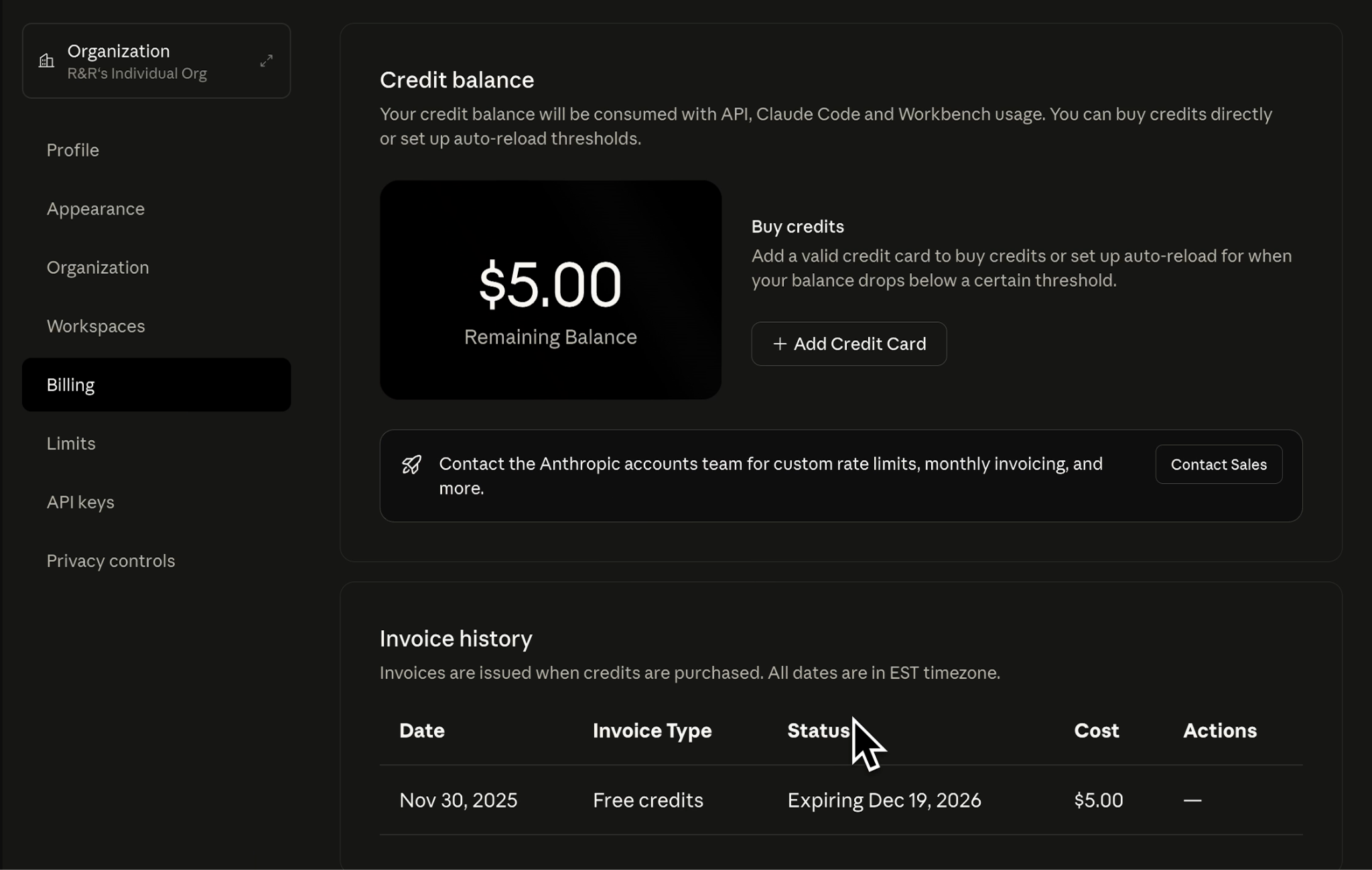 the billing page for Claude Console