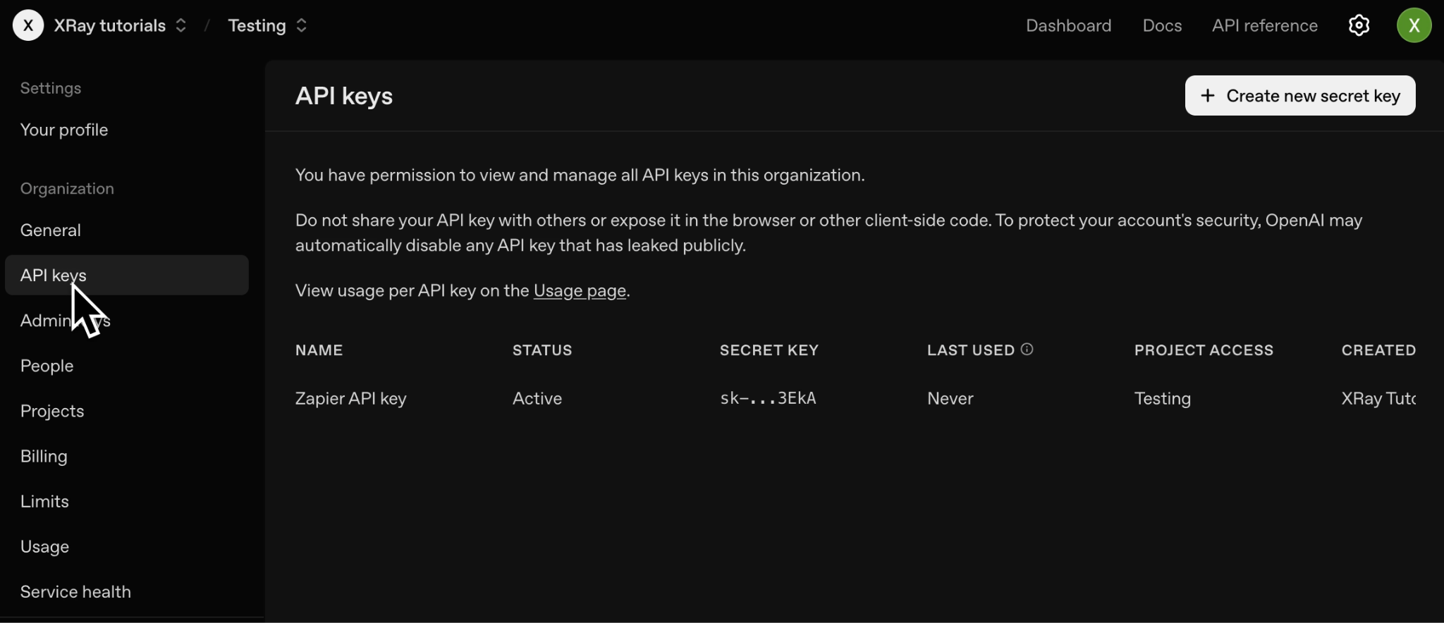 View and create API keys