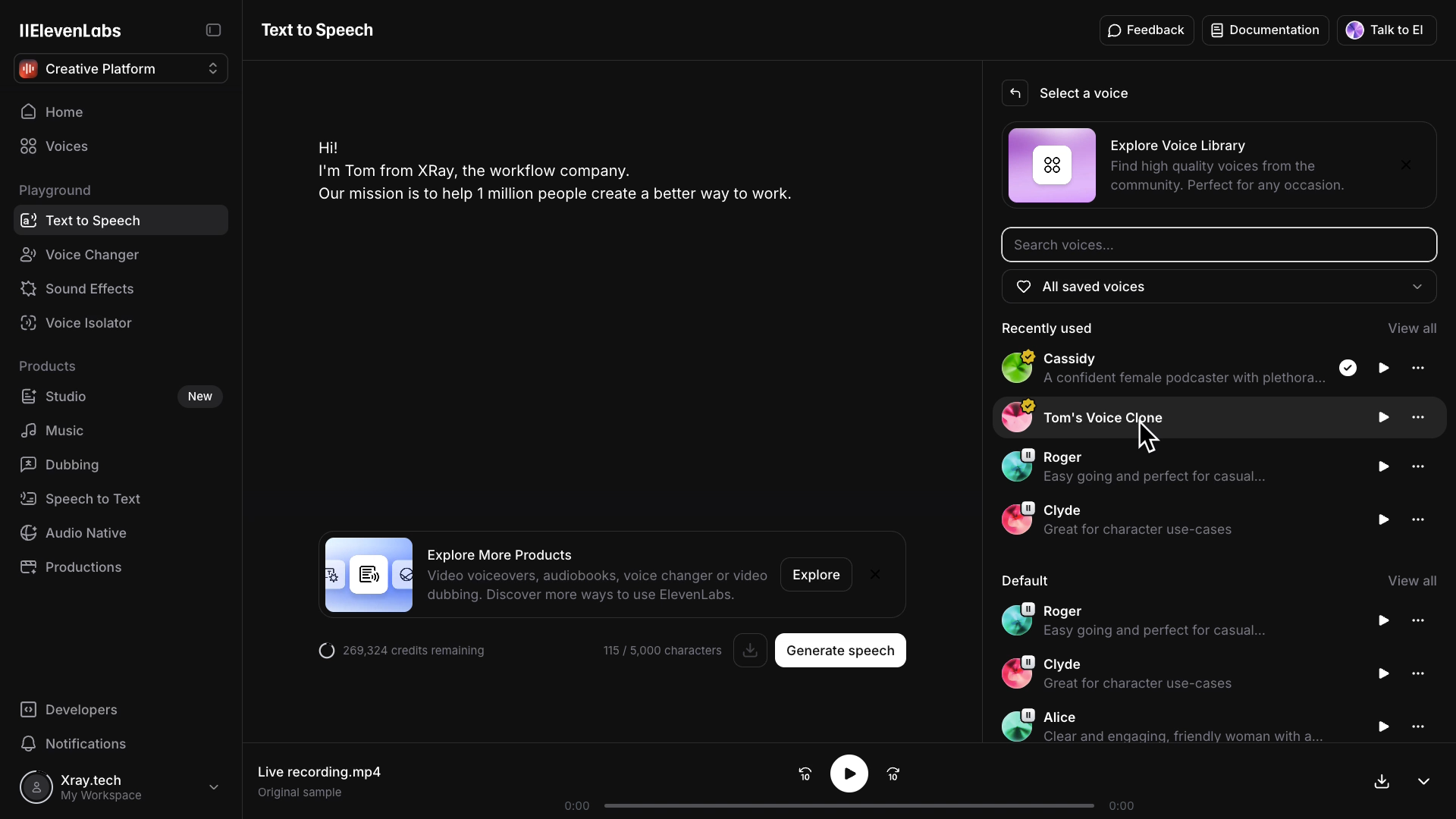 Selecting a voice clone to use in the Text to Speech tool