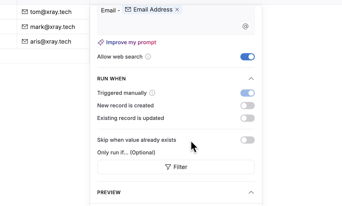 Configuring an AI agent to run manually