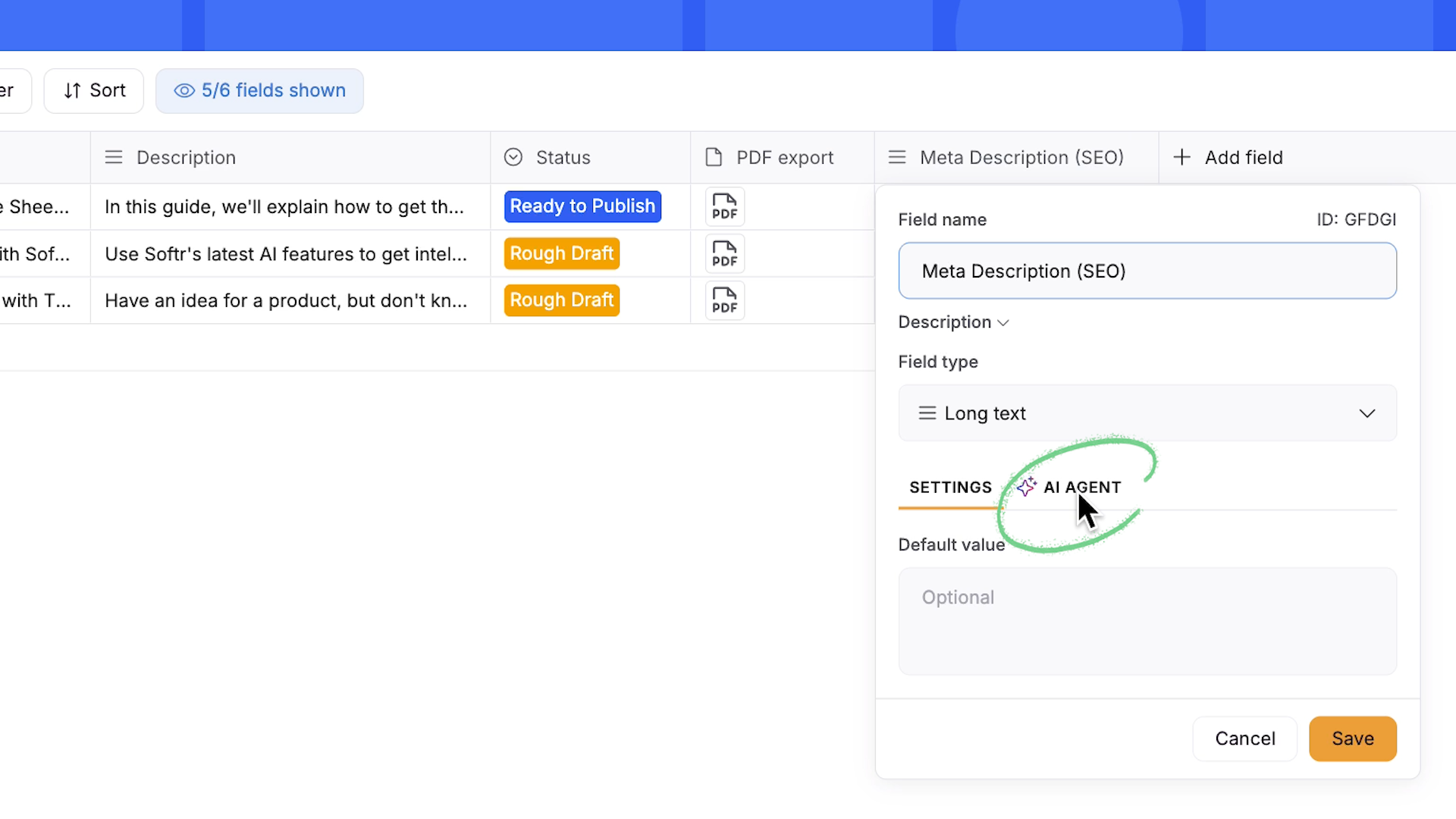 The AI agent tab in a Softr database field