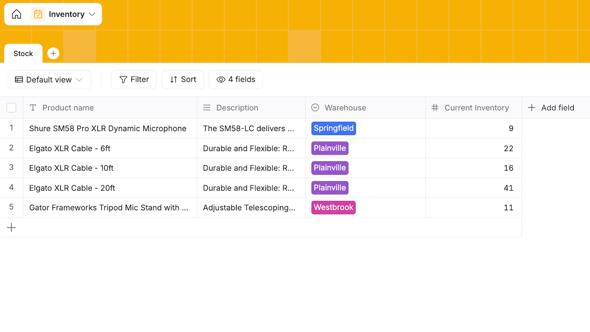 An example Softr database tracking inventory