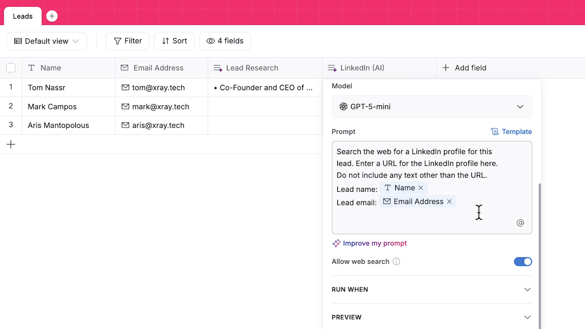 Configuring an AI agent to search for a LinkedIn profile URL