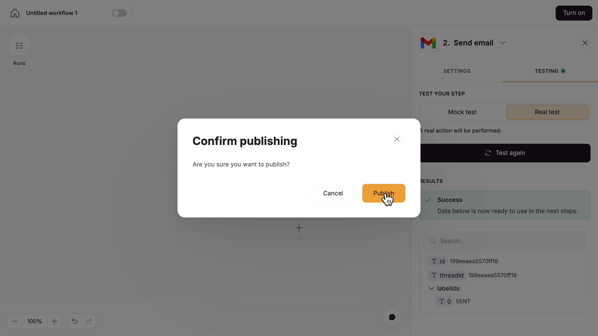 Turning on and publishing a workflow