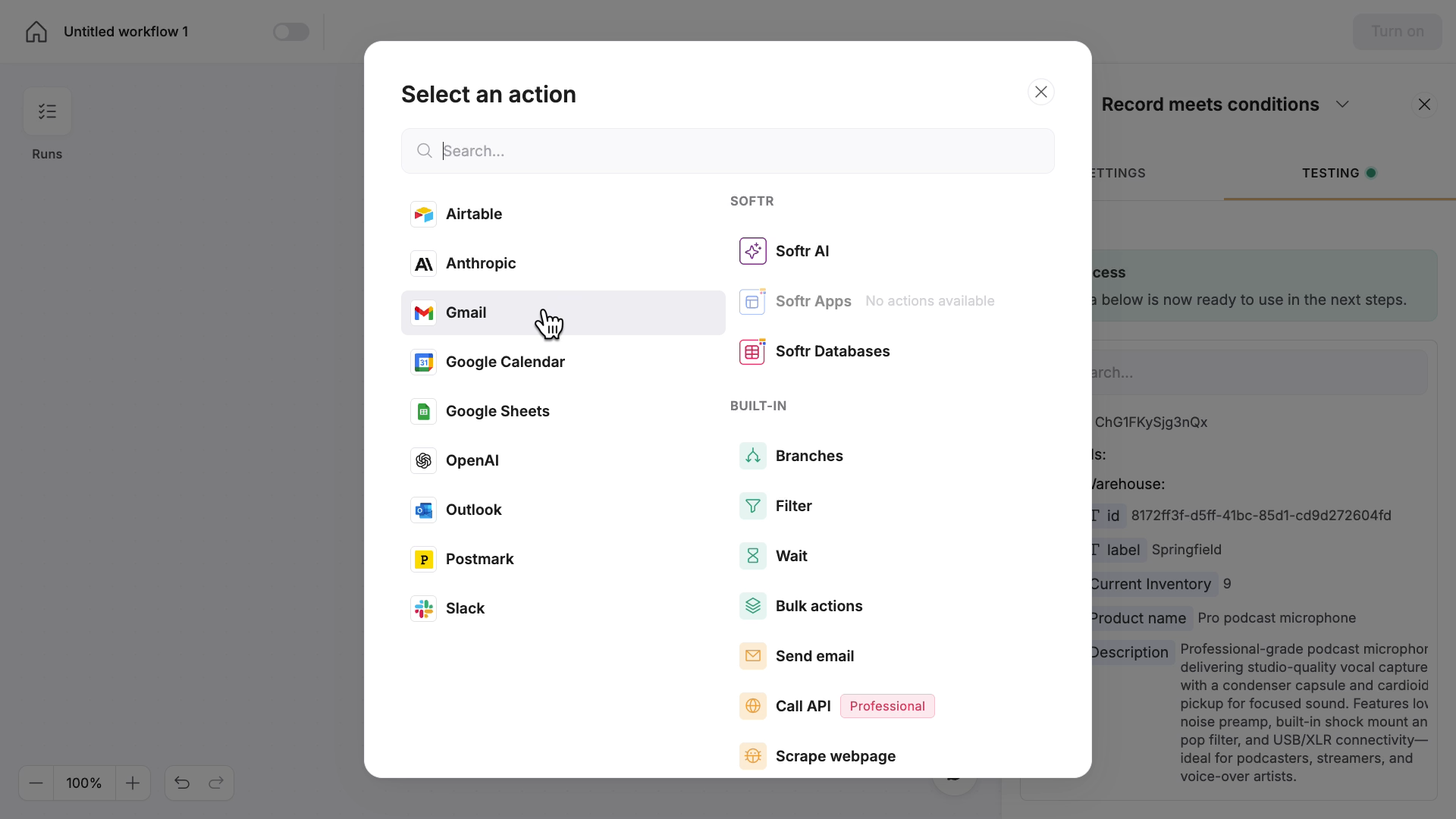 Picking an app for an automated action in a Softr workflow