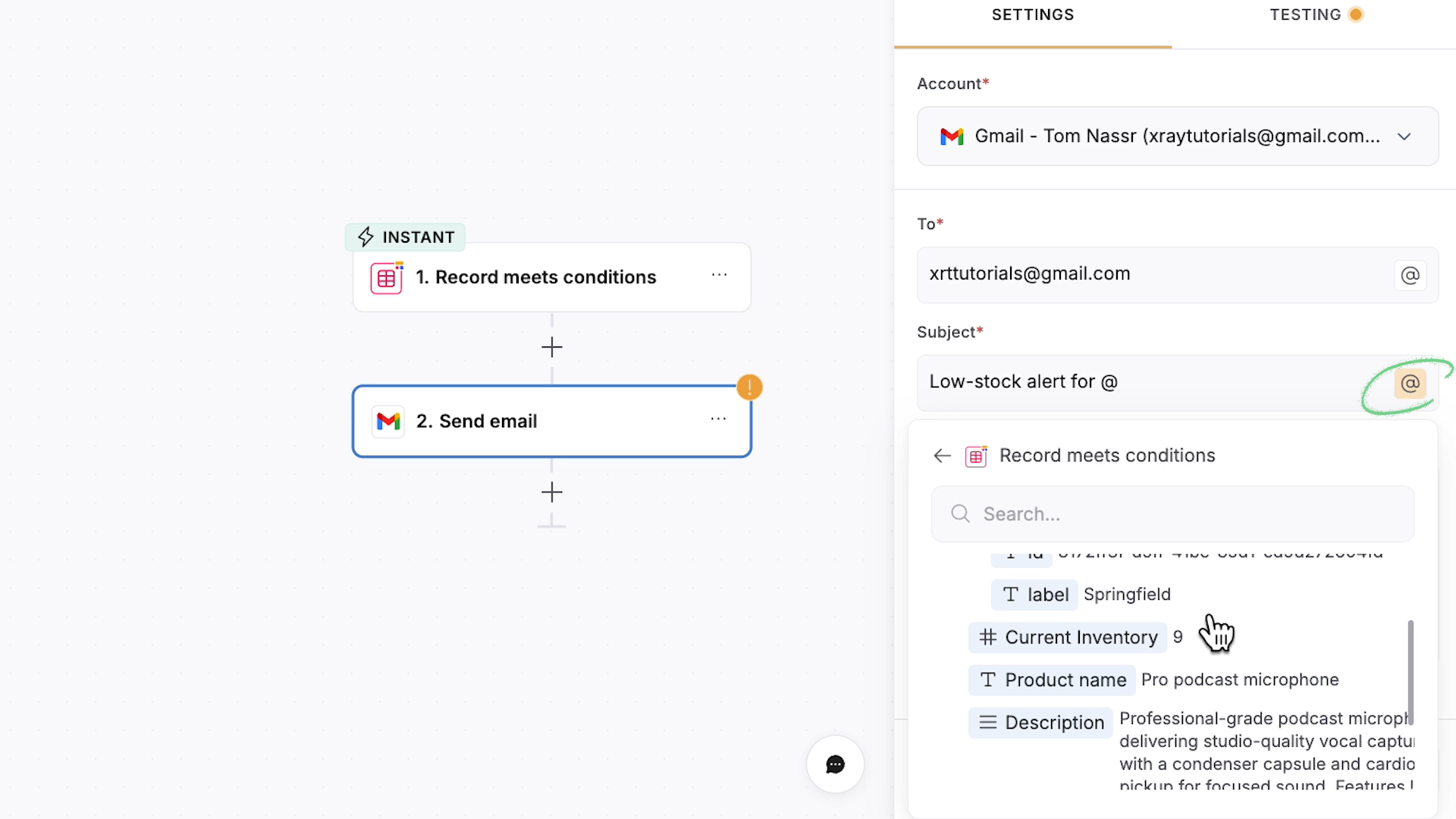 Accessing dynamic data in Softr workflows with the @ symbol