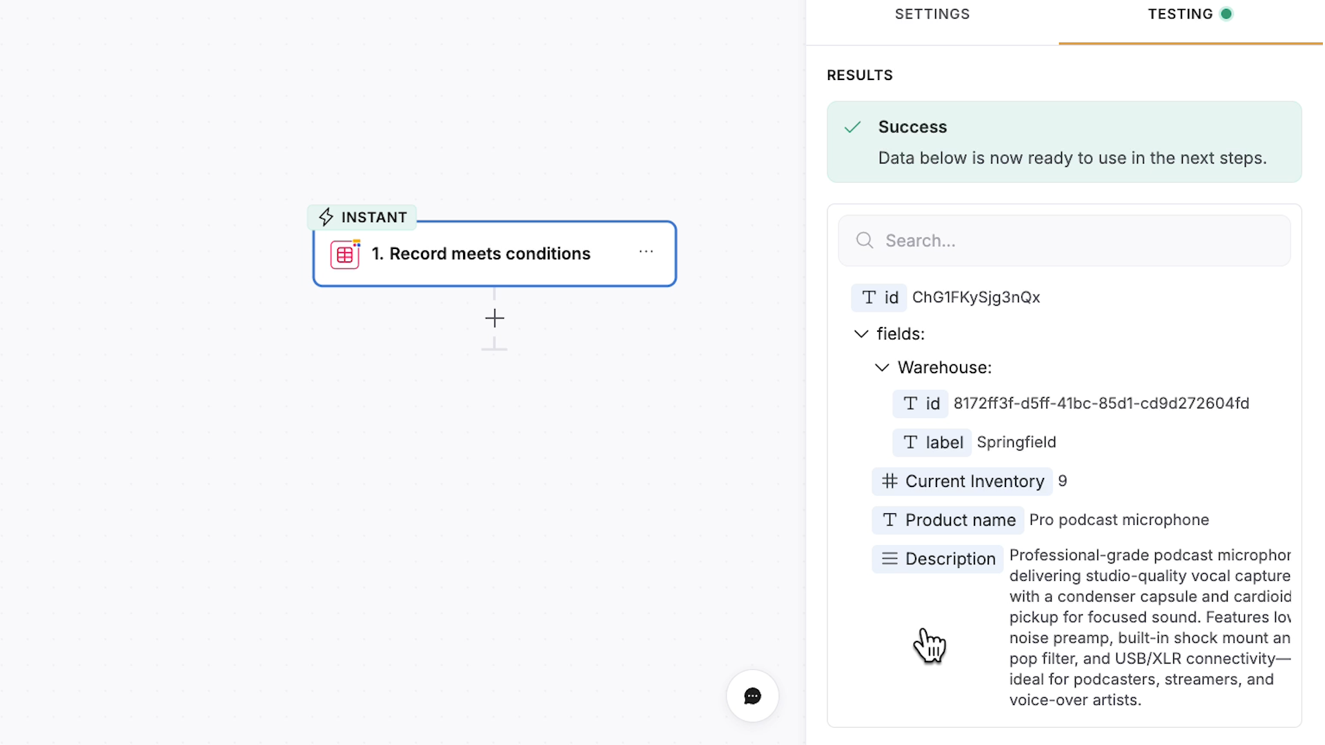 Test data retrieved by the trigger