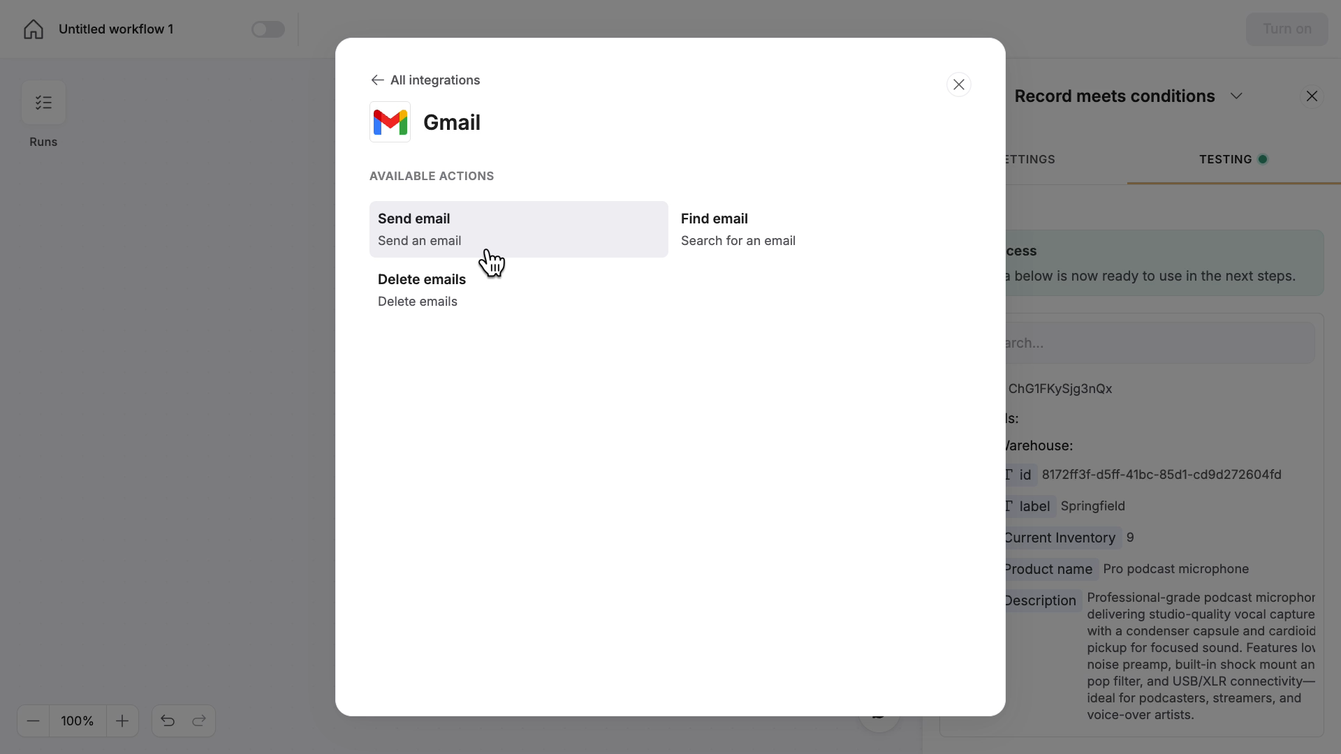 Choosing the Gmail -send email action for a workflow