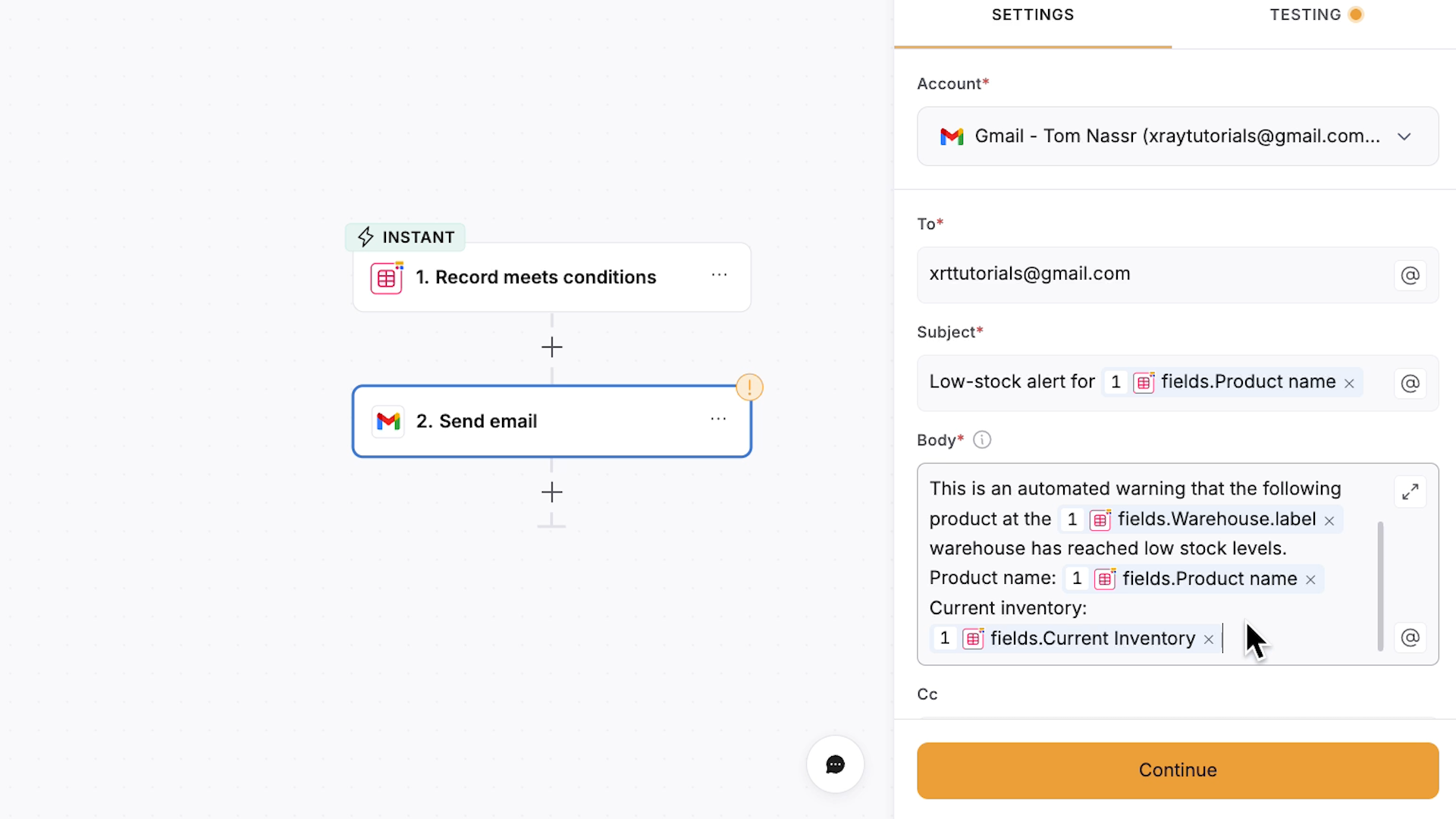 An email body composed with static text and dynamic data