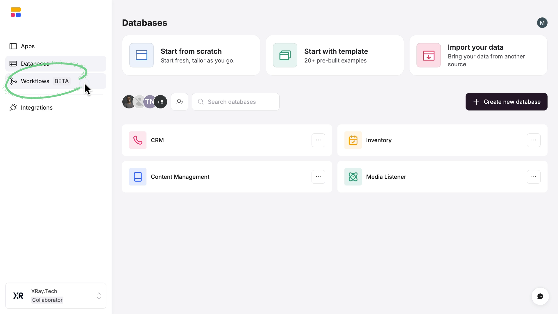 Selecting "workflows" from the Softr menu