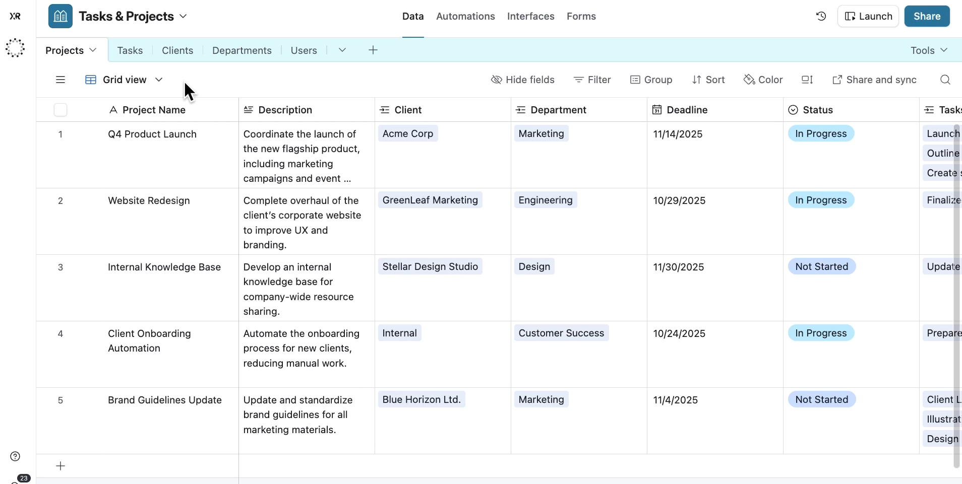 A project management database in Airtable