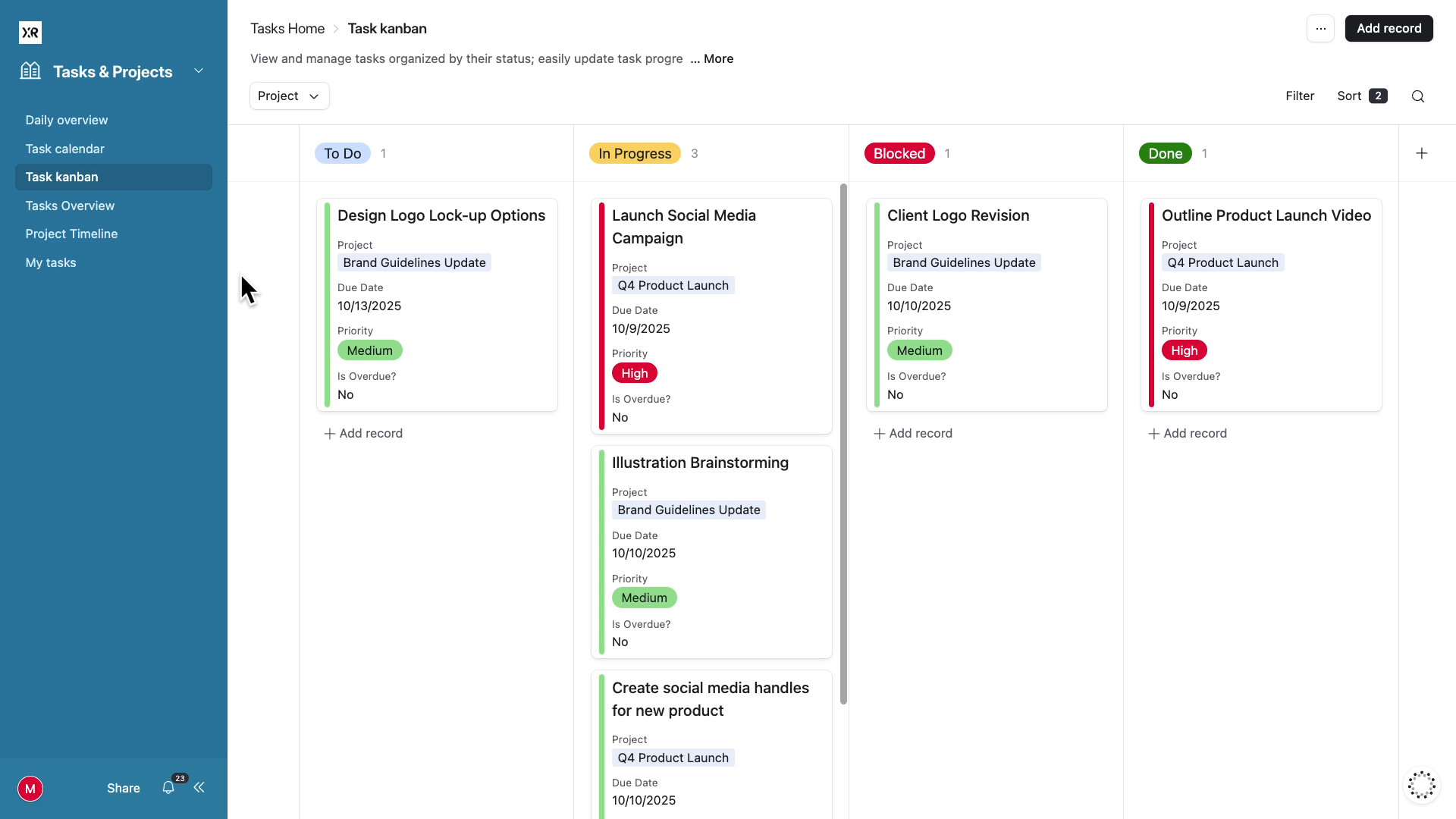A kanban board in Airtable