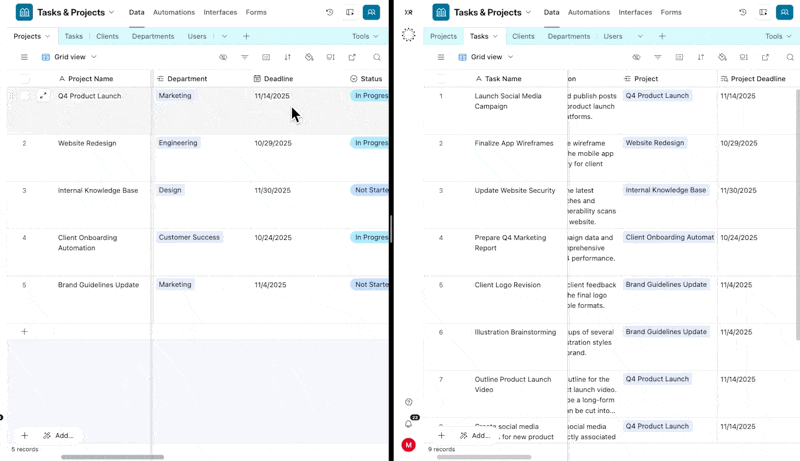 When a record is updated, any records that link to it will be instantly updated to match