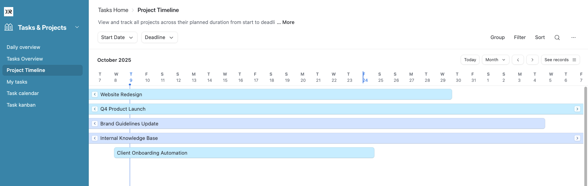 An interface with a timeline