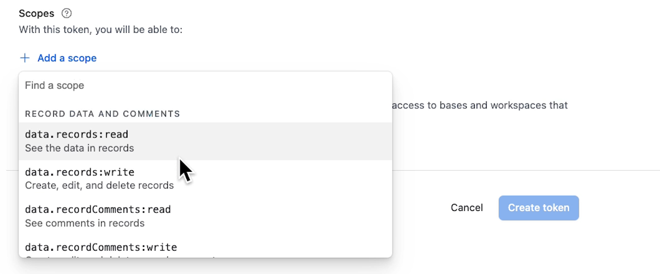 Some scopes for viewing and editing data in Airtable, like records