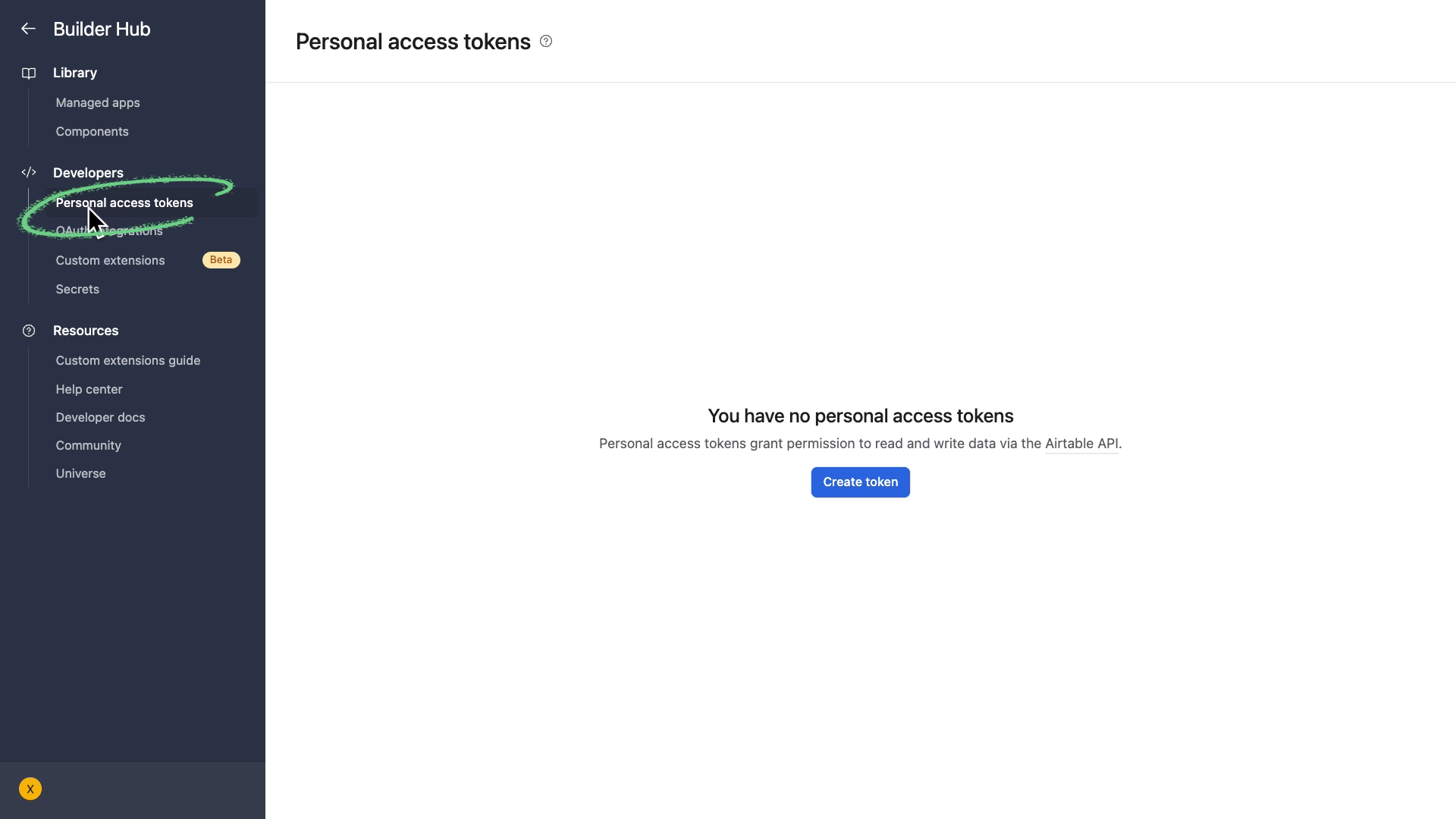 Navigating to the Personal Access Tokens menu within the builder hub