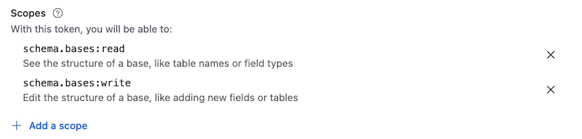 A token configured with scopes to read and write a base's schema