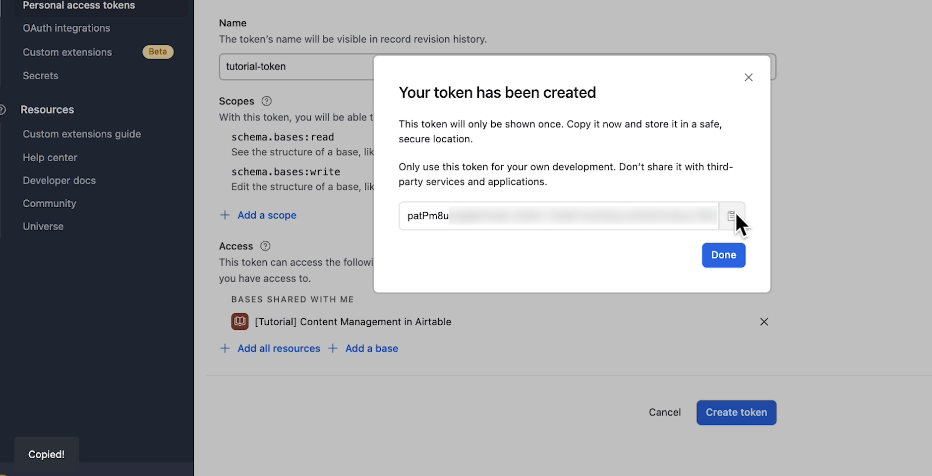 Copying the generated token
