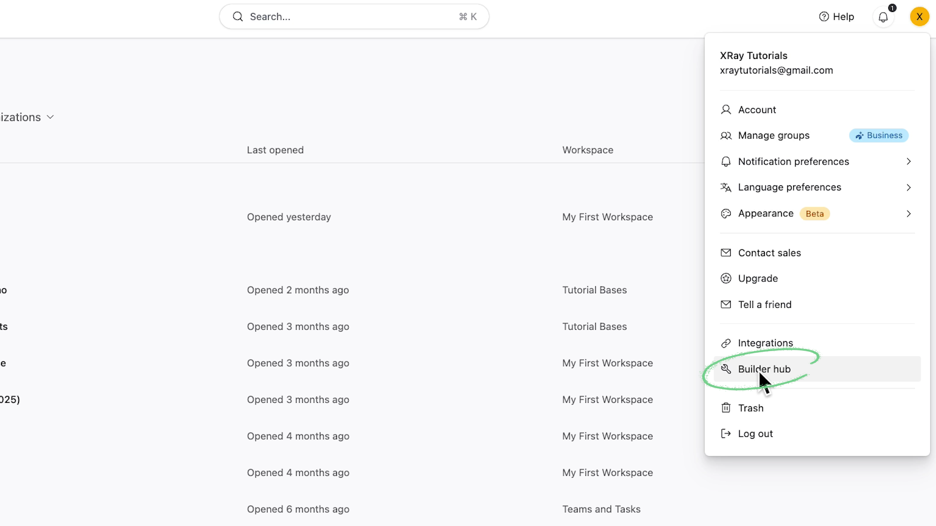 Opening the builder hub in Airtable