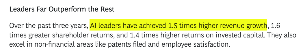 Per Boston Consulting Group, AI leaders have achieved 1.5 times higher revenue growth