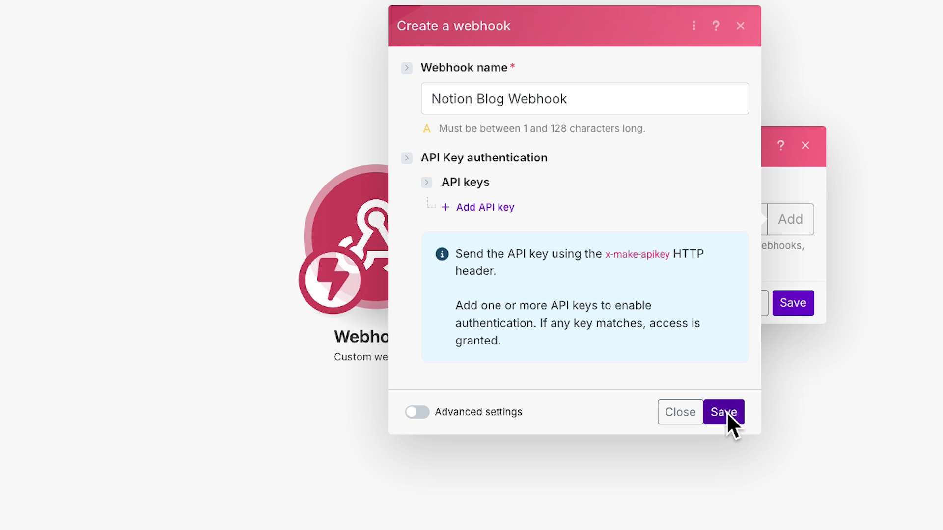 Saving webhook settings in Make