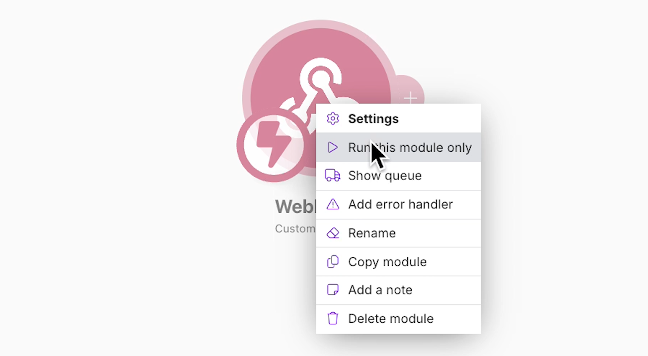 Running the webhook trigger module in Make to test it