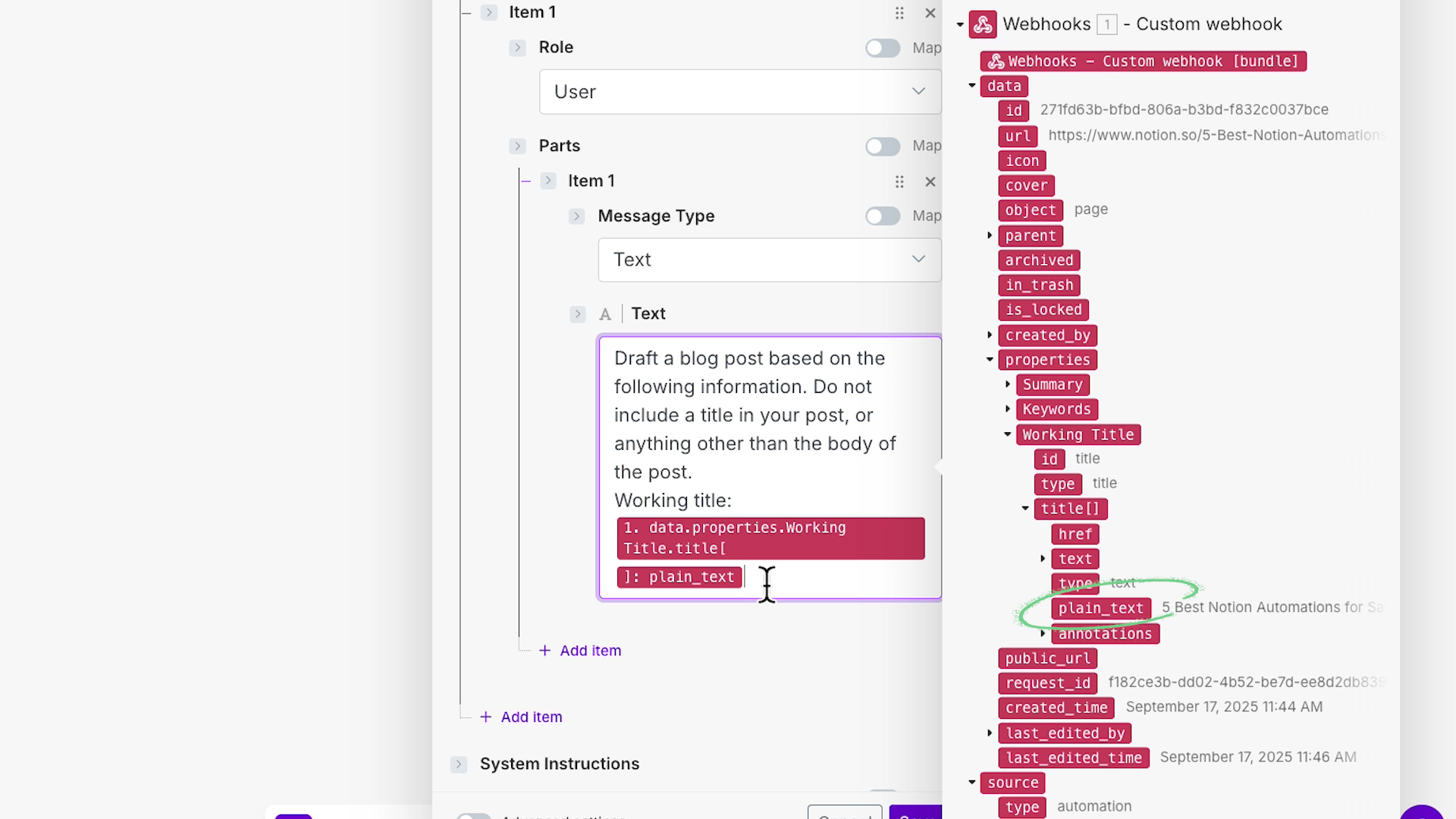 Inserting data from the webhook trigger into the automation