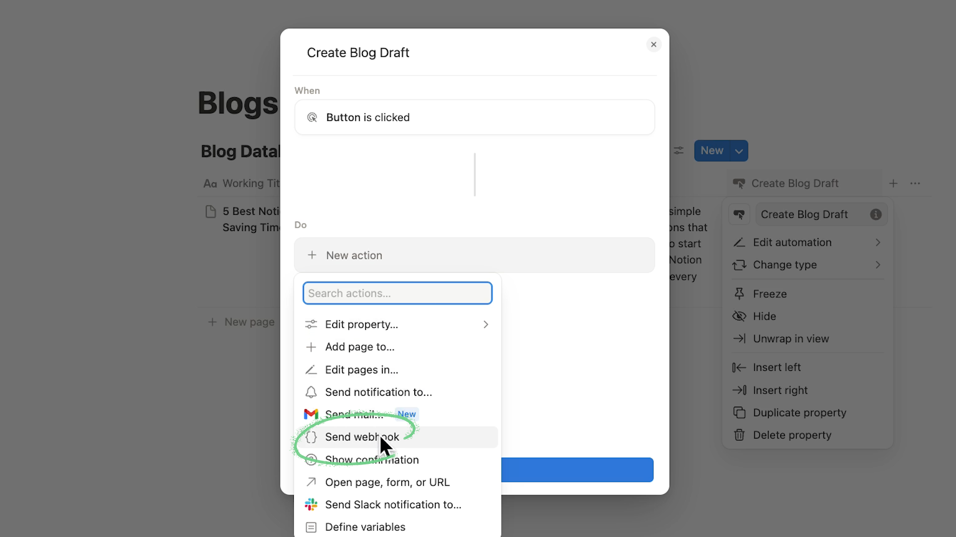 Configuring a Notion button to send a webhook
