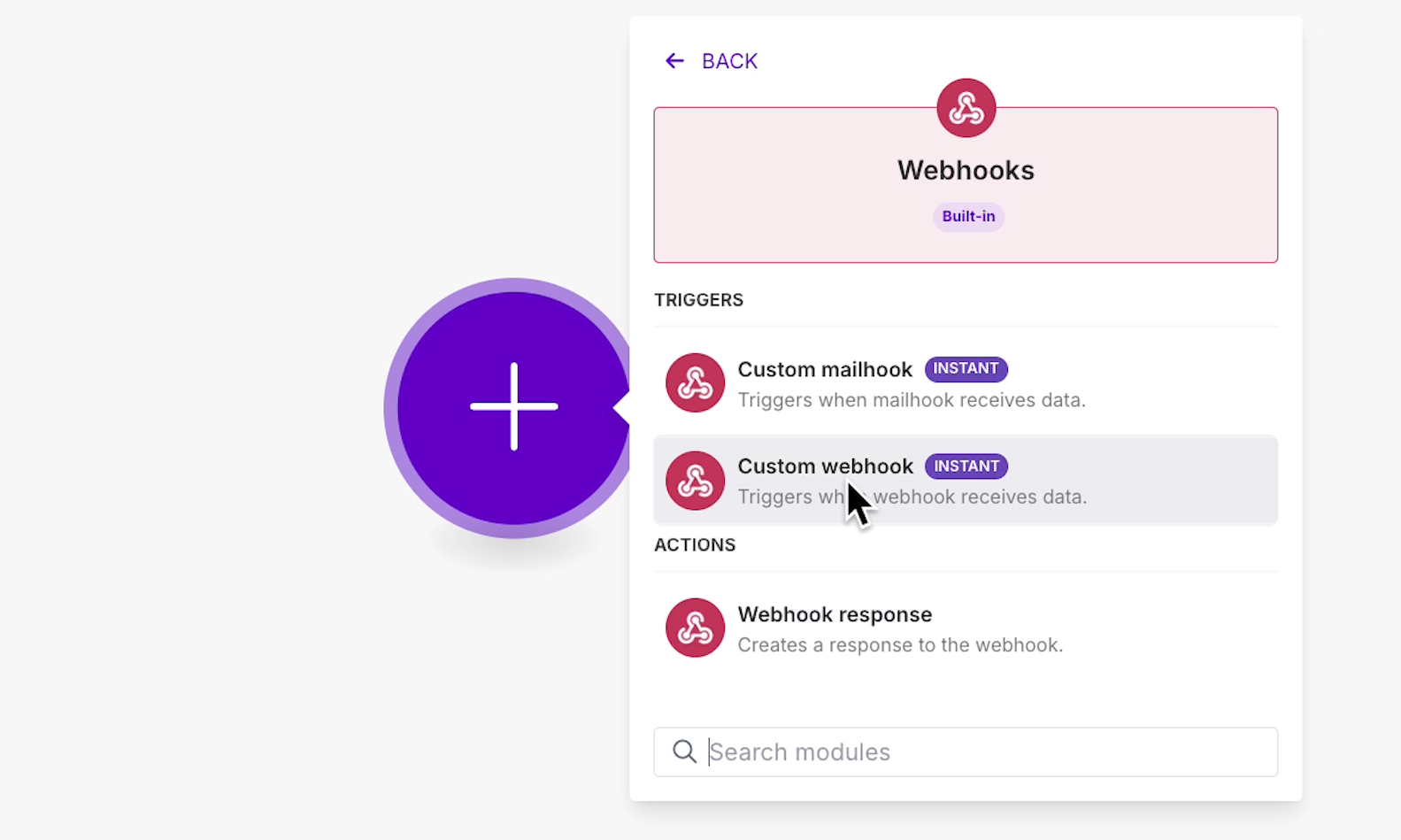 Adding a "Custom webhook" trigger to a Make scenario