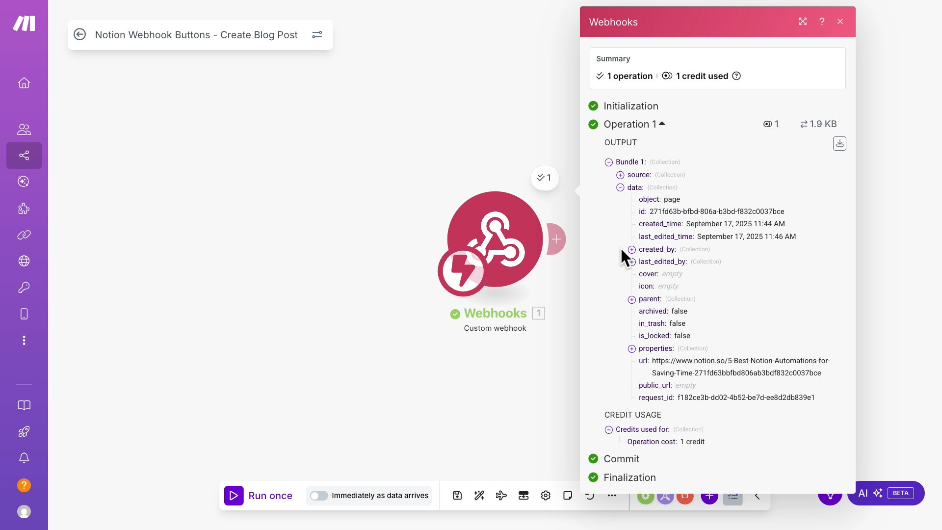 Webhook data received by Make