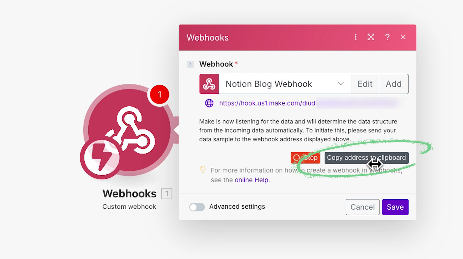 Copying a webhook URL in Make