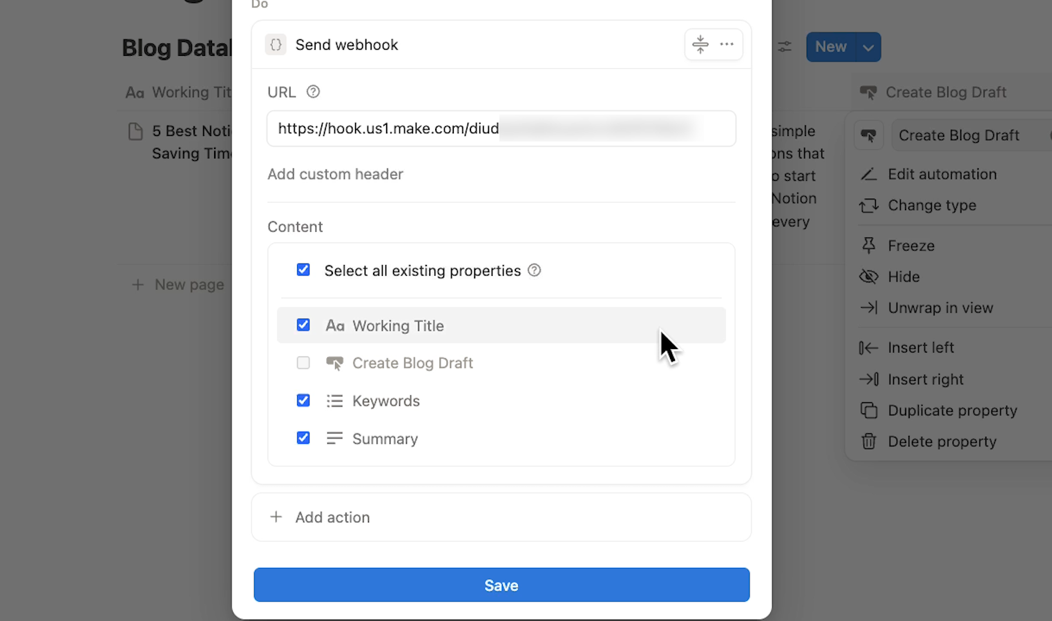 Selecting properties to include with the webhook