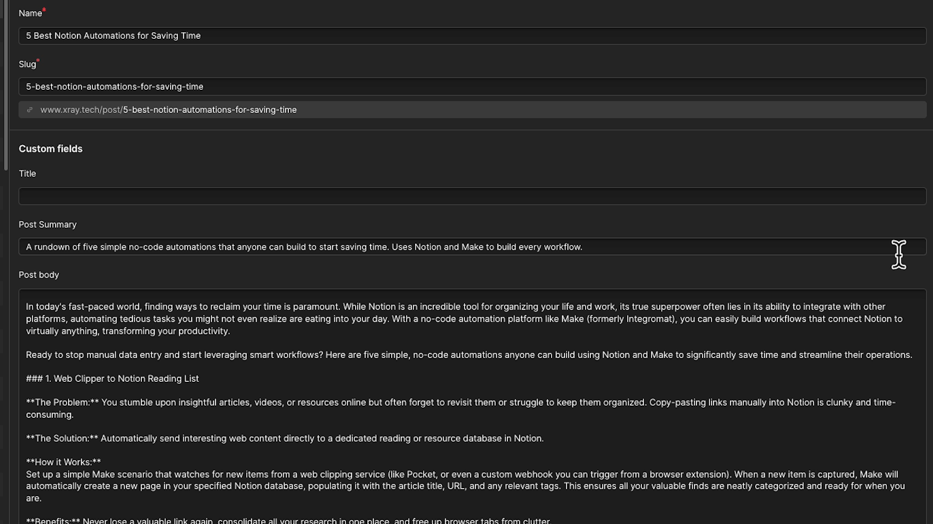 The blog draft added to Webflow