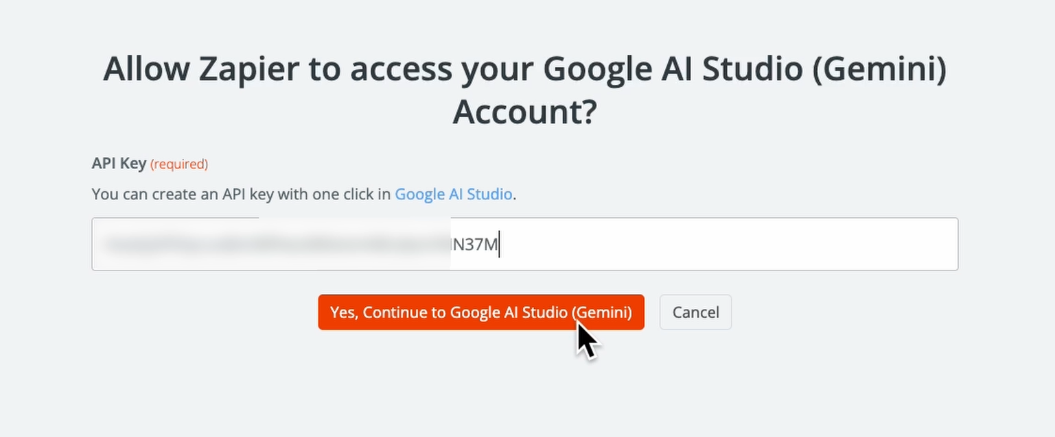 Paste the Gemini API key into Zapier to authorize the connection